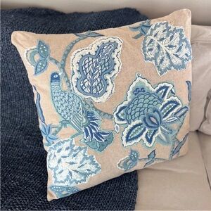 Pottery Barn Paige Palempore Appliquéd Embroidered Bird Floral Pillow Cover Blue